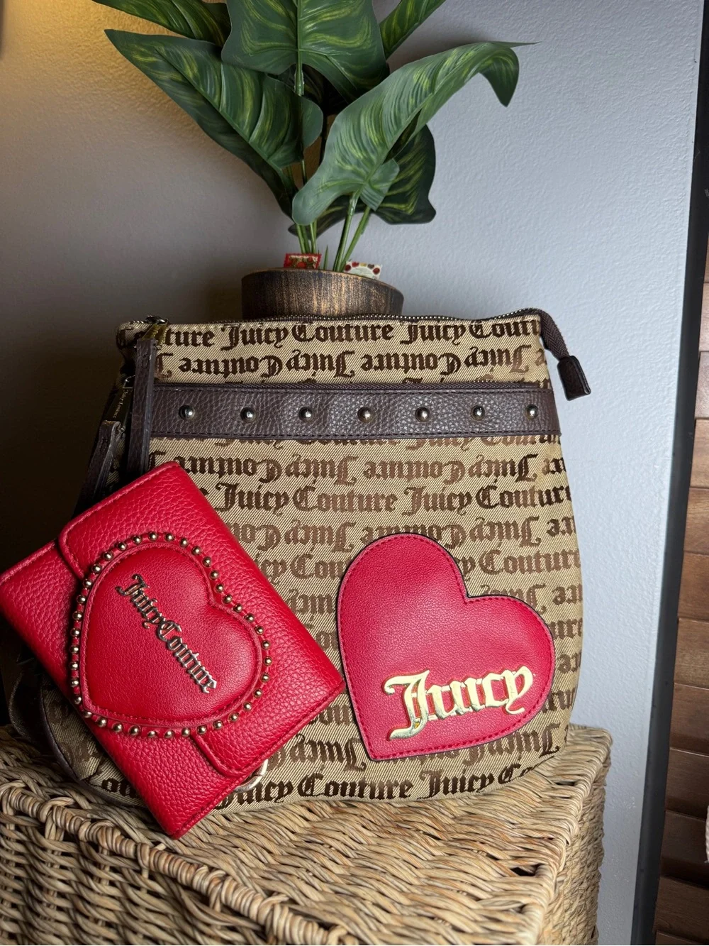 Juicy Couture Red Heart Accent Logo Tote with Matching Red Card Case